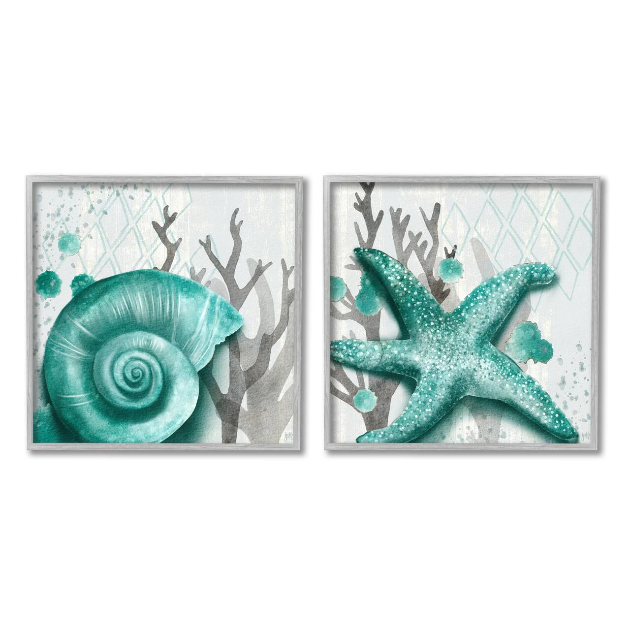 Stupell Industries Turquoise Pop Sea Floor Diamond Pattern Grey Coral Framed Wall Art